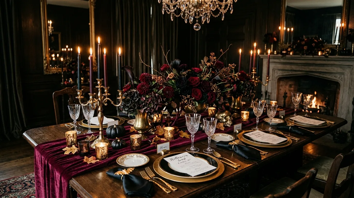 Let florals or branches add haunted movement inspiration for a Halloween dining table.